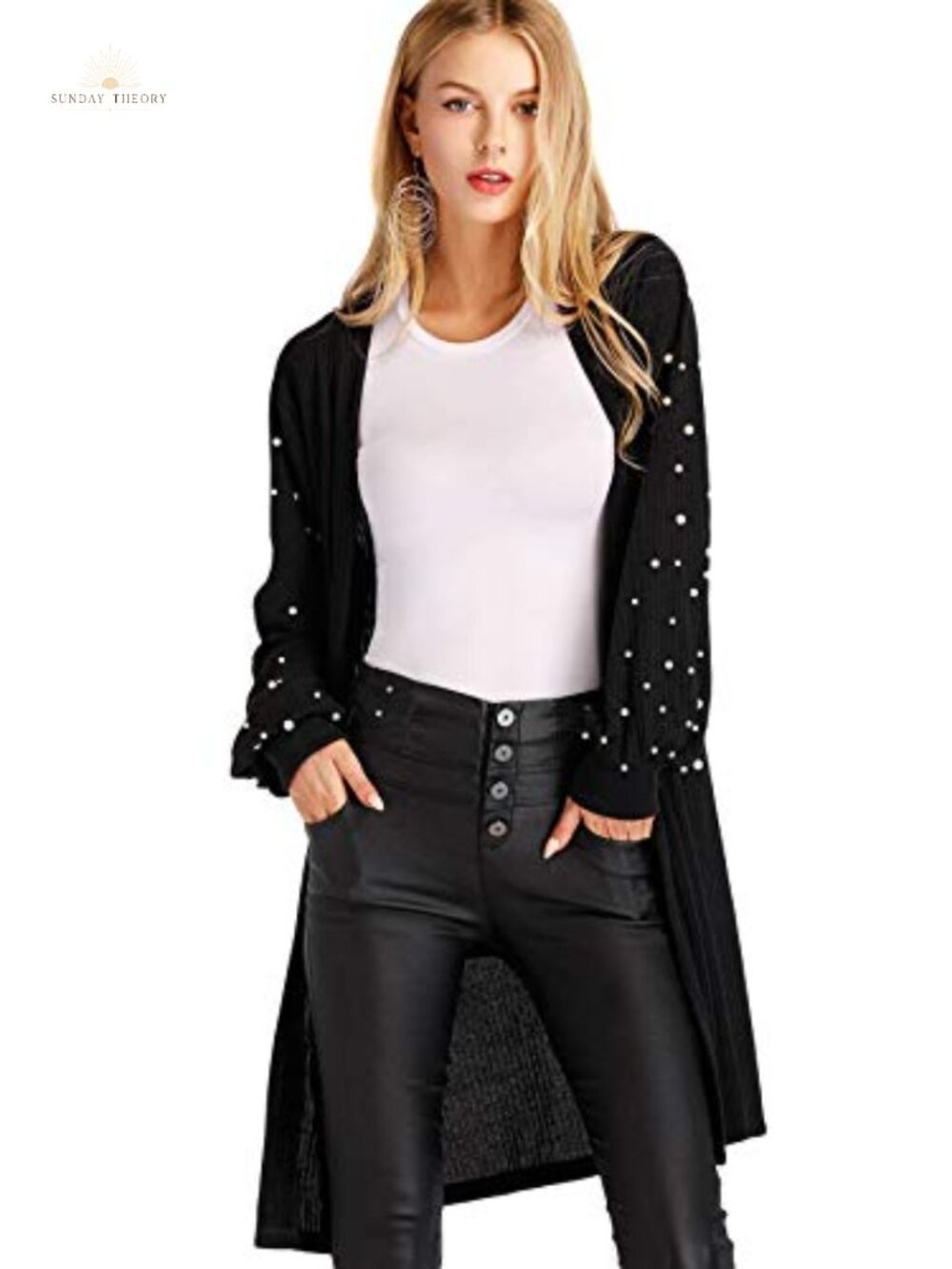 Open Front Pearl Beading Lantern Sleeve Long Cardigan Sweater